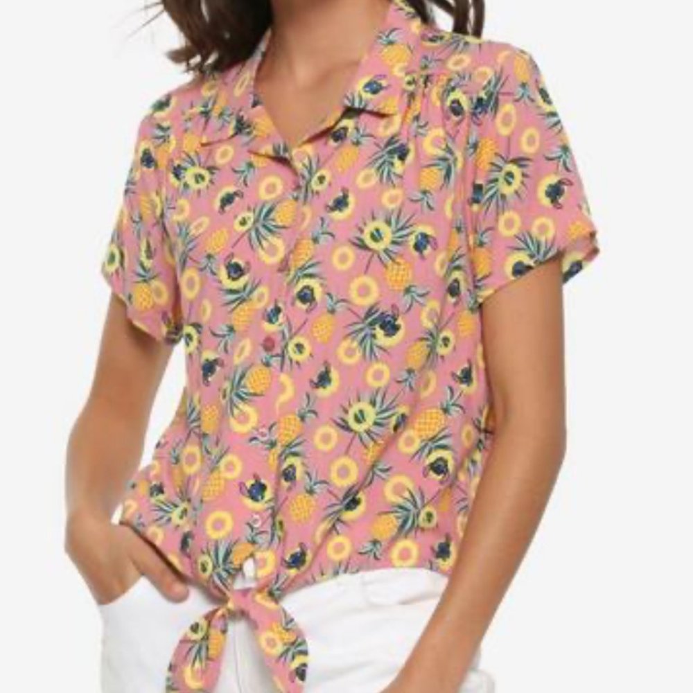 Disney Lilo & Stitch Pink Pineapple Tie-Front Button Up Shirt Tropical Kawaii-XL